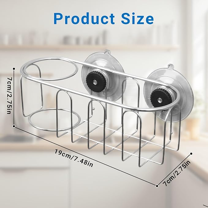 Sink Sponge Holder, Magnetic Kitchen Sink Caddy, 304 Stainless Steel Sink Brush Holder+Sponge Holder, Sink Drain Frame- Silver (Traceless suction cup)
