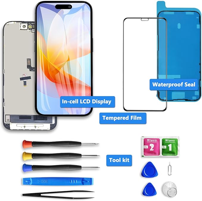 for iPhone 16 Screen Replacement 6.1 inch LCD Display 3D Touch Full HD Digitizer Frame Assembly, Compatible with A3288, A3287, A3081, A3296 Models, Repair Kit + Screen Tempered Protector
