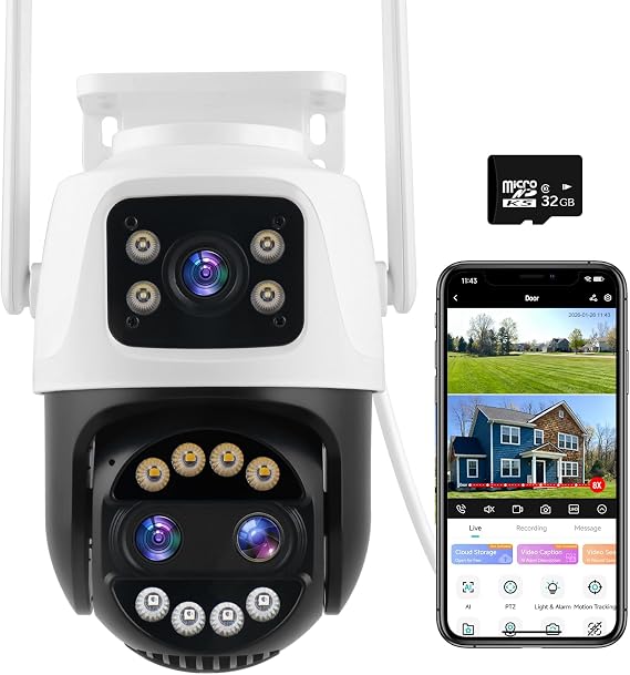 PTZ Outdoor Indoor Camera Wired 3 Lens, 32GB Local Storage, 8X Hybrid Zoom