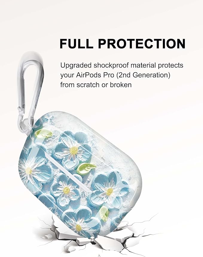 JIAXIUFEN Compatible with AirPods Pro 2 Gen/1 Gen Case Cover Retro Oil Painting Printed Flower Protective TPU Skin Accessories for Women Girl Mint Blue