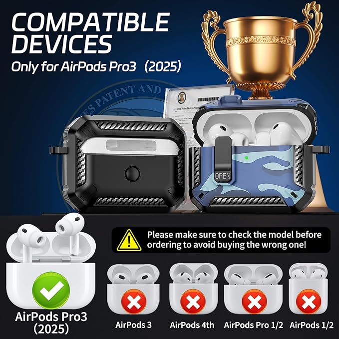 for AirPods Pro 3 Case (2025 New), Secure Lock Cases Cover with Cleaning Kit & Keychain Compatible with Airpods Pro 3rd Generation Case for Men Women, Powerful Drop Protection