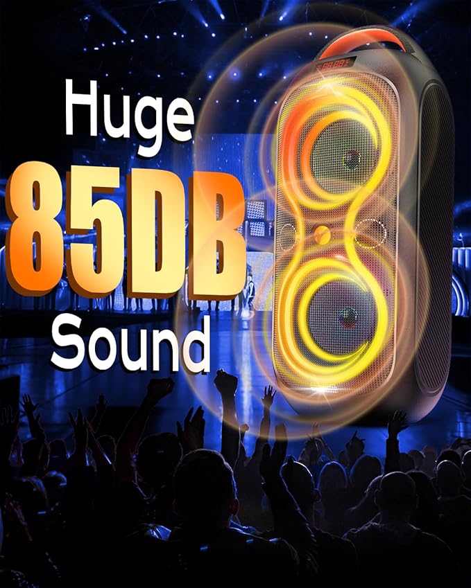 Party Bluetooth Speaker with Dual 4" Woofers, 60W Peak Power, 12H Playtime, Dynamic LED Lights, TWS, FM, AUX, USB, Mic Input, Portable Rechargeable Speaker for Indoor & Outdoor Events -Updated Version