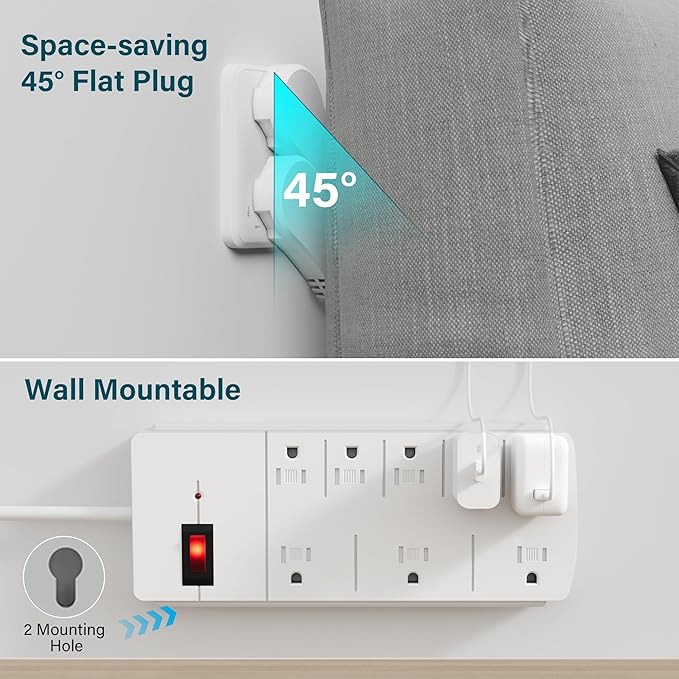 Elecan Surge Protector Power Strip with 4 Ft Extension Cord, 8 Widely Spaced Outlets with Safety Cover, 45 Degree Flat Plug Wall Mountable Multi Outlet Extender, Heavy Duty 14AWG, 1200J/125V,ETL-White