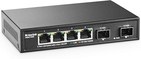 MokerLink 4 Port 2.5G Ethernet Switch with 2x10G SFP, 4 x 2.5G Base-T Ports Compatible with 10/100/1000Mbps, Metal Unmanaged Fanless Network Switch