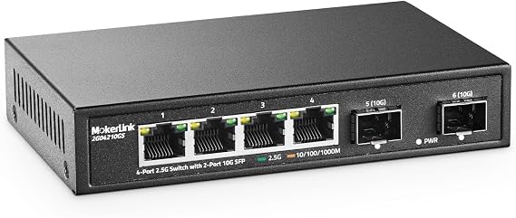 MokerLink 4 Port 2.5G Ethernet Switch with 2x10G SFP, 4 x 2.5G Base-T Ports Compatible with 10/100/1000Mbps, Metal Unmanaged Fanless Network Switch