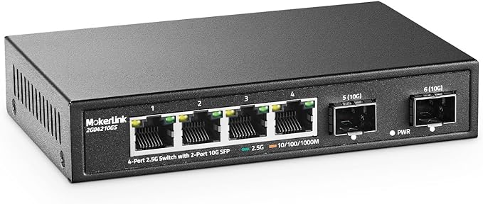 MokerLink 4 Port 2.5G Ethernet Switch with 2x10G SFP, 4 x 2.5G Base-T Ports Compatible with 10/100/1000Mbps, Metal Unmanaged Fanless Network Switch
