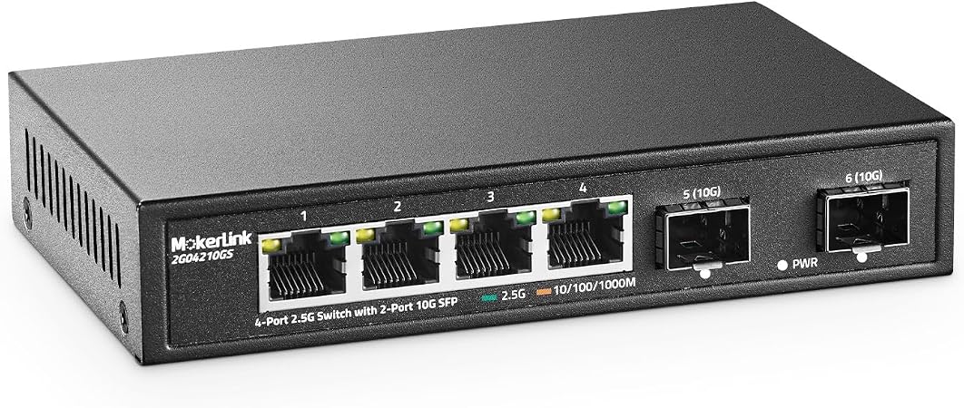 MokerLink 4 Port 2.5G Ethernet Switch with 2x10G SFP, 4 x 2.5G Base-T Ports Compatible with 10/100/1000Mbps, Metal Unmanaged Fanless Network Switch