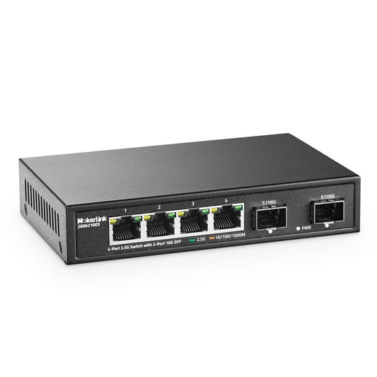 MokerLink 4 Port 2.5G Ethernet Switch with 2x10G SFP, 4 x 2.5G Base-T Ports Compatible with 10/100/1000Mbps, Metal Unmanaged Fanless Network Switch