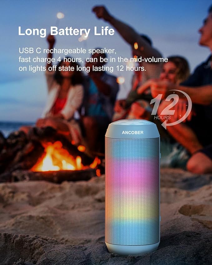 Bluetooth Speaker, Portable Wireless Speaker with HD Stereo Loud Sound, LED Lights, IPX4 Wateproof, 24H Playtime, TWS Pairing, BT5.3 with AUX, Built-in Mic, for Home, Outdoor, Party, Camping, Gifts