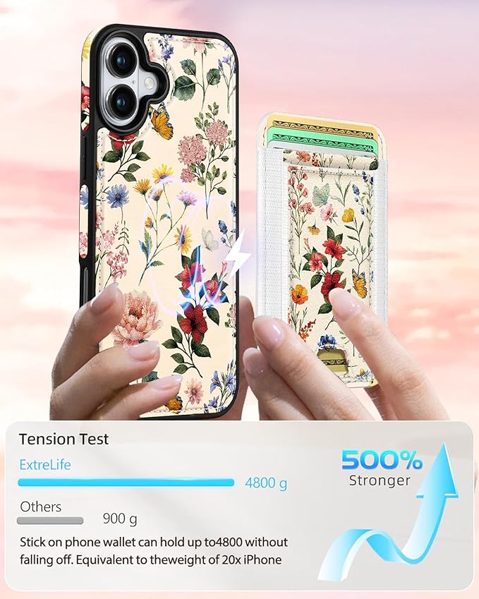 Shorogyt for iPhone 16 Plus Wallet Case - Fits 5 Cards, Compatible with Magsafe Detachable Magnetic Credit Card Holder Leather Cardholder Cute Phone Cover Women Girls for Apple 16Plus, Floral