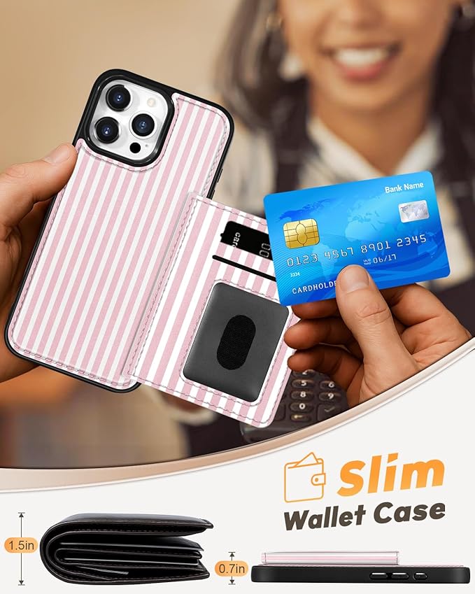 for iPhone 13 Pro Case with Wallet - Fits 4 Card Slots, Compatible with MagSafe for Women Aesthetic Durable PU Leather Credit Card Holder Kickstand Phone Cover for Apple 13 Pro, Stripe