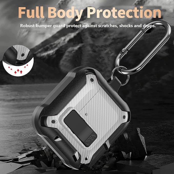 for Airpods 4 Case with Lock Clip, Rugged Apple Airpods 4th Generation Cover 2024 Men Women, Armor Shockproof iPod 4 Gen Protective Hard Shell with Carabiner&Cleaner kit,CF Black/White