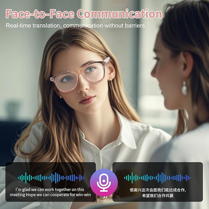 AI Smart Glasses with Real-Time Translation, Wireless Bluetooth 5.3, Smart Simultaneous Interpretation for 160+ Languages, Open-Ear Design,Clear Frame Blue Light Glasses for Woman Travel,Work