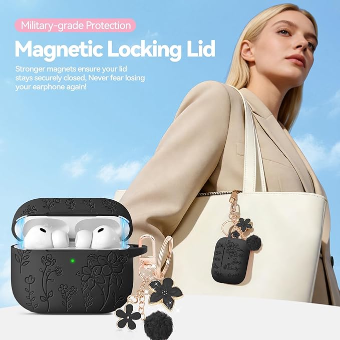 for Airpods Pro 3 Case with Magnetic Lid, Flower Engraved Case Cover Compatible with AirPods Pro 3rd Generation 2025, Soft Silicone Cases with Keychain & Cleaner for Women Girly, Shockproof
