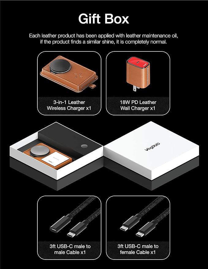 VogDUO 3-in-1 Magnetic Wireless Charger with Leather, 15W Output, 6ft Extension Cables, 18W PD Wall Charger, Compatible with iPhone 16/15/14/13/12, MagSafe Case, AirPods Pro, Apple Watch (Brown)