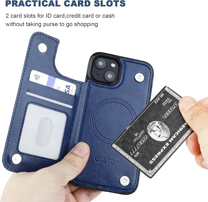 ONETOP Compatible with Magsafe for iPhone 13 Wallet Case with Card Holder, PU Leather Kickstand RFID Blocking Case, Double Magnetic Clasp and Durable Shockproof Cover 6.1 Inch (Blue)