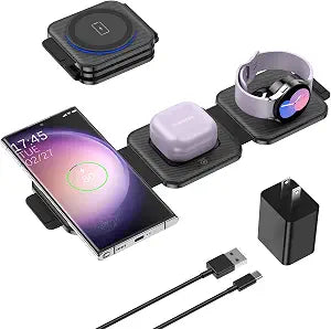 Travel Charger for Samsung Multi Devices, Foldable 3 in 1 Wireless Charging Station Fast Charging Stand/Pad Compatible for Samsung Galaxy S26/S25/S24/S23/Note20 Galaxy Watch8/7/6/Galaxy Buds4(Black