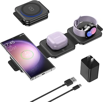Travel Charger for Samsung Multi Devices, Foldable 3 in 1 Wireless Charging Station Fast Charging Stand/Pad Compatible for Samsung Galaxy S26/S25/S24/S23/Note20 Galaxy Watch8/7/6/Galaxy Buds4(Black