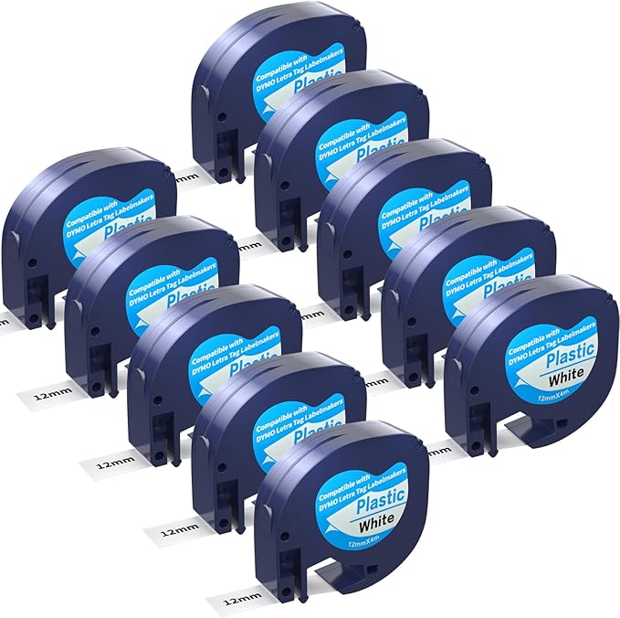 10 Pack Compatible with Dymo Letratag Refills 91201 91331 S0721660 Label Maker Tape White Plastic 12mm x 4m 1/2" x 13', Work with Dymo Letra Tag LT-100H LT-100T Plus 200B QX50 XR XM 2000