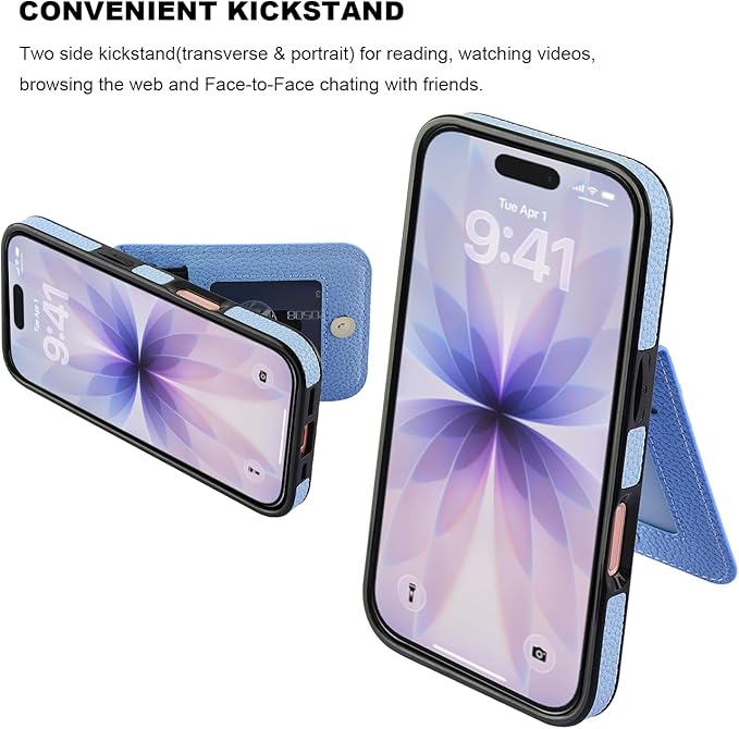 KIHUWEY Compatible with iPhone 17 Case Wallet with Credit Card Holder, Flip Premium Leather Magnetic Clasp Kickstand Heavy Duty Protective Cover for iPhone 17 6.3 Inch (Lichee Light Blue)