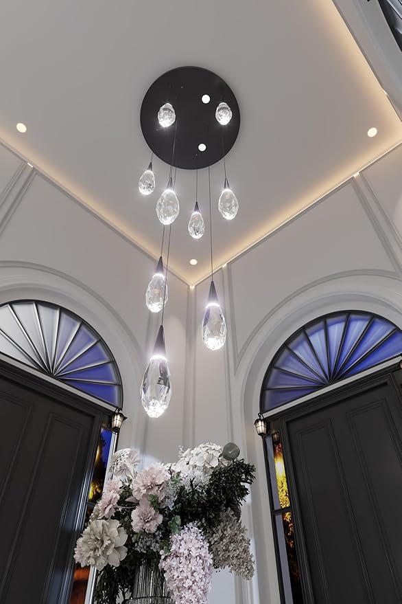 H98 Modern Chandelier for Stairway 9-Lights Crystal Raindrop Chandelier Black Pendant Light for Staircase Living Room Entryway LED Dimmable High Ceiling Chandeliers with Remote