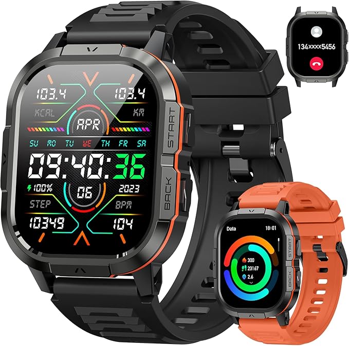 Smart Watches for Men-2.06”AMOLED(Answer/Make Calls), IP68 Fitness Activity Step Tracker with Sleep Monitor/110+ Sports Modes, Tactical SmartWatch for Android iOS Samsung Compatible,Orange