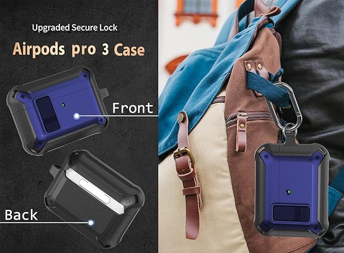 for Airpods Pro 3 Case with Lock Clip, Rugged Apple Airpods Pro 3rd Generation Cover 2025 Men Women, Armor Shockproof iPod Pro3 Gen Protective Hard Shell with Carabiner&Cleaner kit, Black/Blue