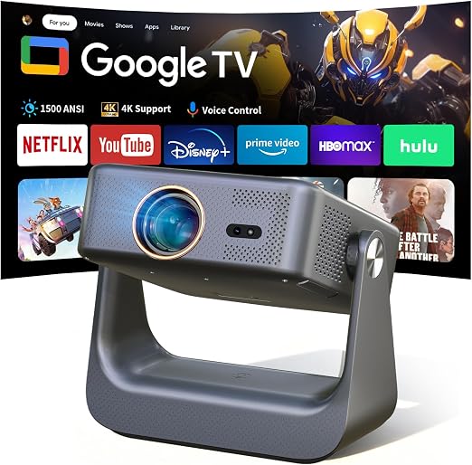 【Official Google TV/1500 ANSI/4K Supported】Smart TV Projector with WiFi and Bluetooth, Native 1080P Portable Projector, Auto Focus & Keystone, Voice Input, Mini Proyector for Home Cinema, iOS/Android