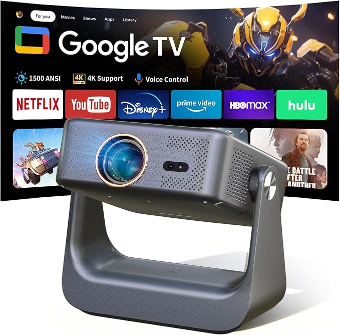 【Official Google TV/1500 ANSI/4K Supported】Smart TV Projector with WiFi and Bluetooth, Native 1080P Portable Projector, Auto Focus & Keystone, Voice Input, Mini Proyector for Home Cinema, iOS/Android