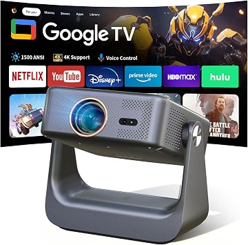 【Official Google TV/1500 ANSI/4K Supported】Smart TV Projector with WiFi and Bluetooth, Native 1080P Portable Projector, Auto Focus & Keystone, Voice Input, Mini Proyector for Home Cinema, iOS/Android