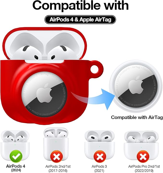 2 in 1 Silicone Case Compatible with AirPod 4 and AirTag 2/1, Shockproof Protective Skin Cover for AirPods 4th Generation with Cleaner Kit & Carabiner (Red)