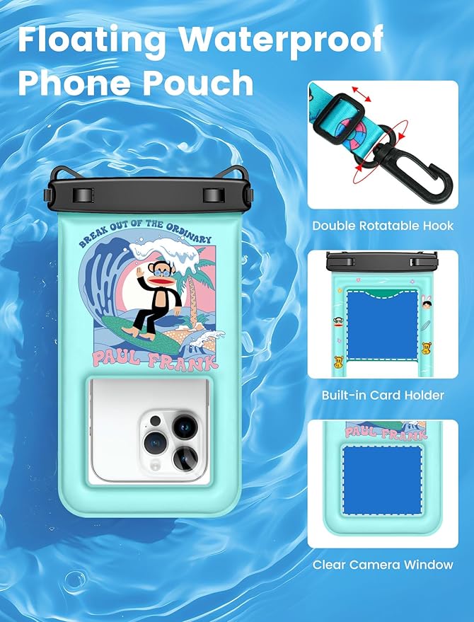 Paul Frank Waterproof Phone Pouch Floating, 2 Pack IPX8 Waterproof Phone Case with Lanyard for iPhone 17 16 15 14 Pro Max Galaxy S25 S24, Cellphone Dry Bag Beach Cruise Ship Essentials(up to 8.5")
