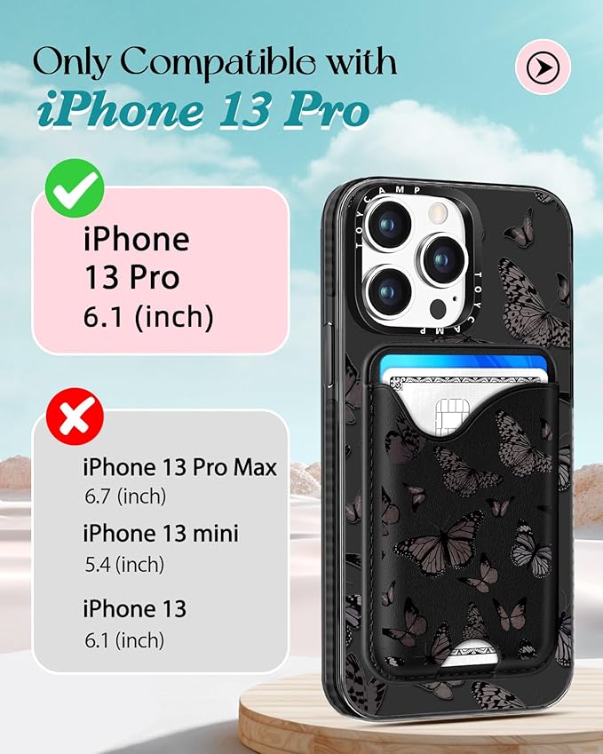 Toycamp for iPhone 13 Pro Case - Compatible with Magsafe Credit Card Holder Wallet Magnetic Cute Women Teen Girls Kawaii Girly Unique Black Butterfly Design Phone Cover for iPhone 13 Pro
