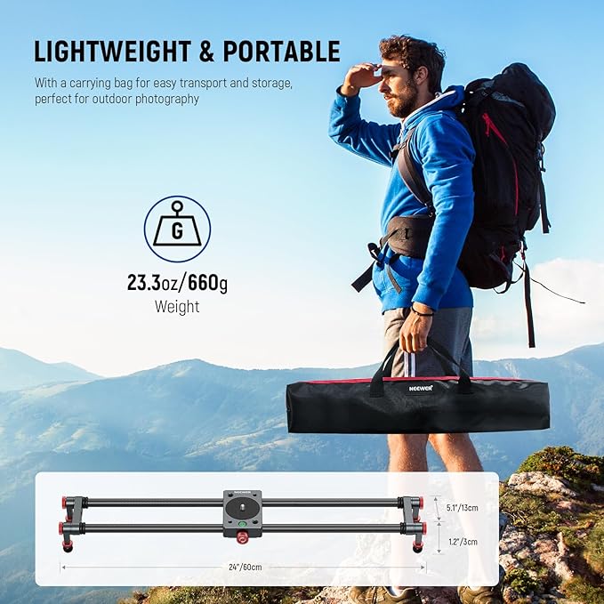 NEEWER 24in/60cm Carbon Fiber Camera Slider with 360° Ball Head/Phone Clamp/Action Camera Mount, Dolly Rail Track with 4 Bearings & Adjustable Legs, Compatible with GoPro Insta360 iPhone Android, CS2M