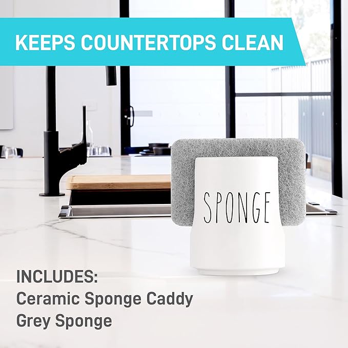 Ceramic Sponge Holder for Kitchen Sink – White Sink Caddy Organizer – Farmhouse Kitchen Sponge Holder – Cute Ceramic Sponge Rest for Countertop