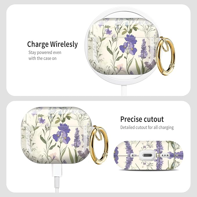 Cute Hard Case Compatible with AirPods Pro 3rd Generation Case (2025), Shockproof Protective Cover with Golden Keychain Ring Clip (Retro Flower)
