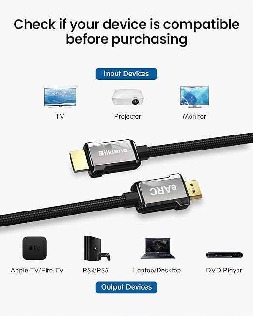 Silkland HDMI eARC/ARC Cable for Soundbar 6.6FT, High Speed HDMI ARC Cable, [8K, HDR, HDCP 2.2, Ethernet], Compatible for Samsung, Vizio, Sono, Bose, LG Sound bar, UHD