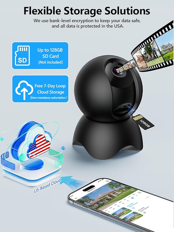 2K Indoor Cameras for Home Security, 2.4GHz & 5GHz WiFi, 360° Pan-Tilt, Night Vision, Human Auto Tracking, Local/Optional Cloud Storage, Pet/Dog/Baby Camera with Phone app, Black