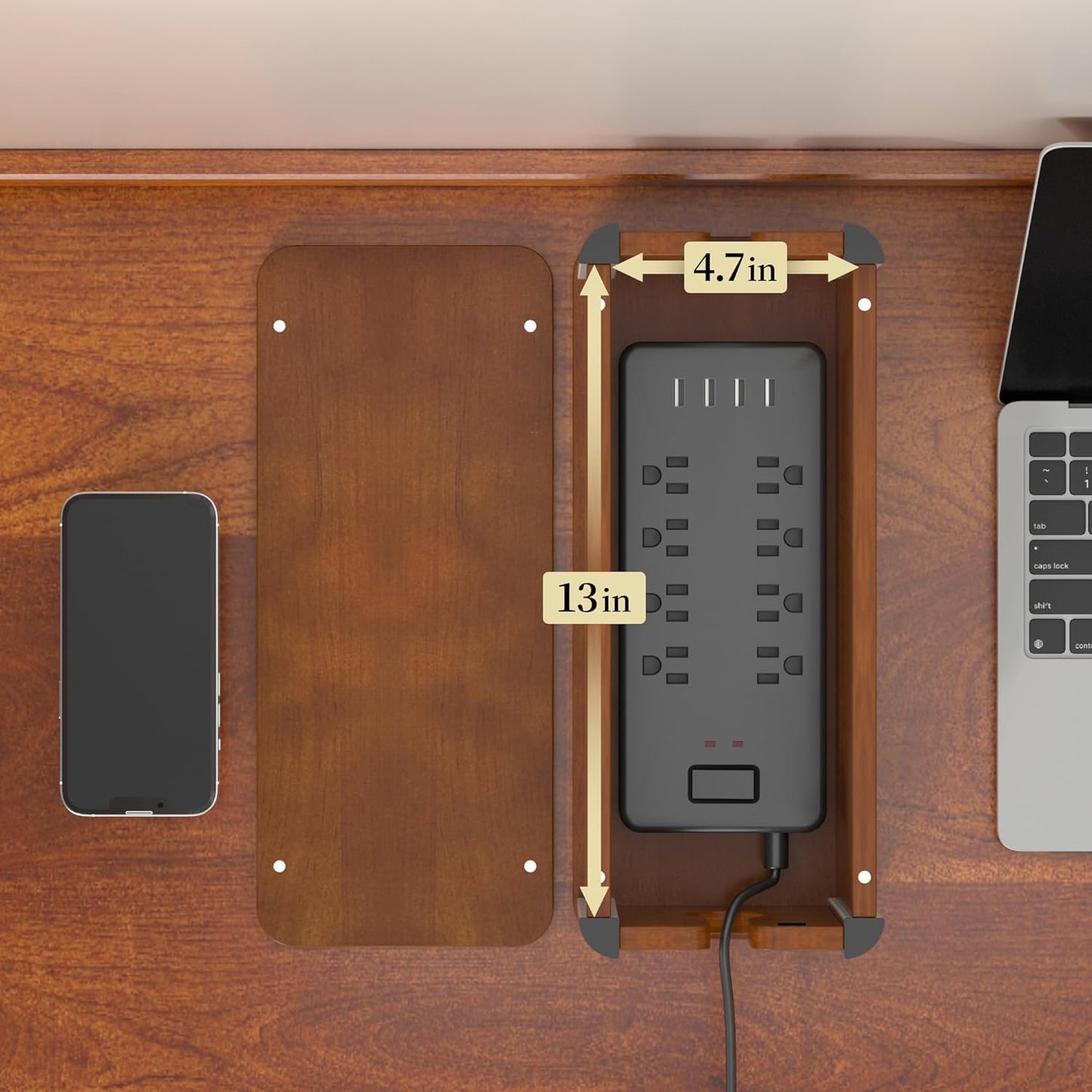 Techloop Living Wooden Cable Management Box – Retro Desk Cord Organizer, Dark Brown 14.3"
