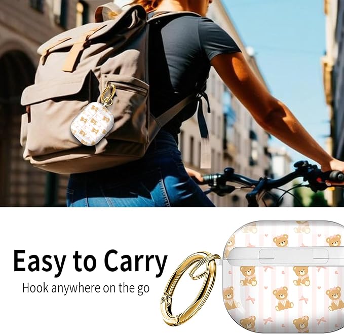 Cute Hard Case Compatible with AirPods Pro 3rd Generation Case (2025), Shockproof Protective Cover with Golden Keychain Ring Clip (Cute Bear Bow)
