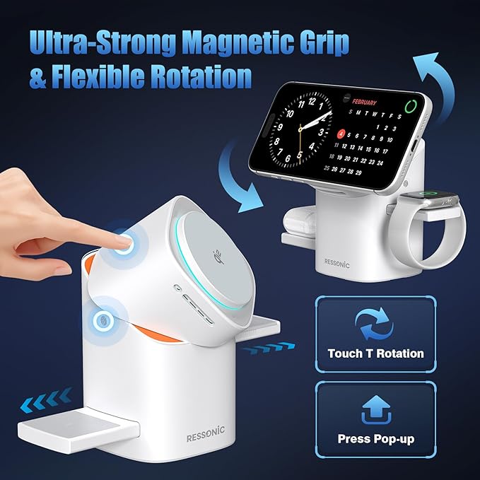 3 in 1 Wireless Charging Station for iPhone 17/16/15/14/13/12 Pro Max, Qi 2 Certified 15W Fast Magnetic Charger Stand for Magsafe Phone, AirPods, Smart Watch (White Color)