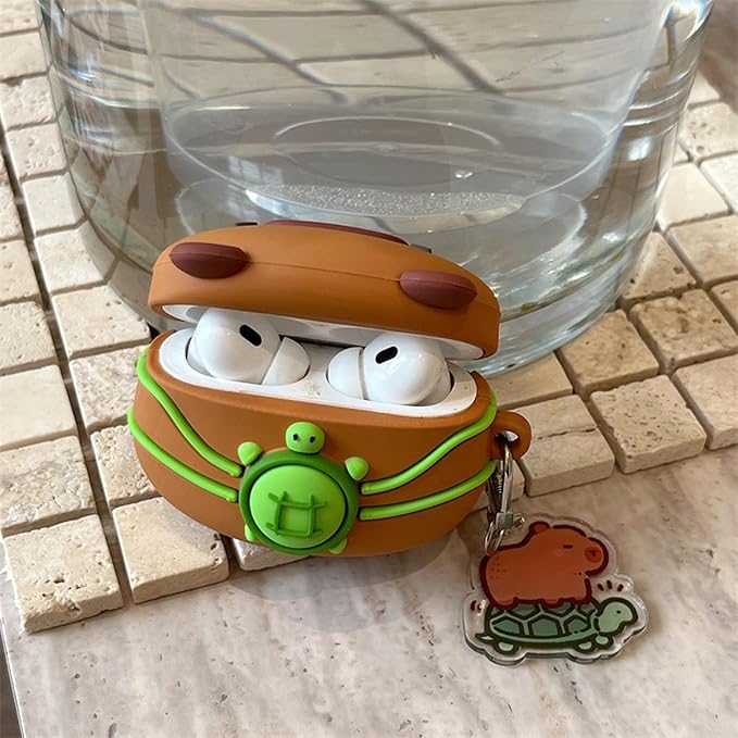 Wireless Charging Earphone Case Compatible with Airpods 4, Cute Animal Kapibala Design Soft Silicone Full Body Protective Skin Cover, Kids Girls Women Cartoon Earbuds Accessories with Pendant