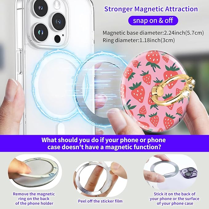 Magnetic Phone Ring Holder Compatible with MagSafe, Cute Phone Grip Stand with 360° Rotation Gold Glitter Finger Ring Kickstand Accessories for Most Phones Pink Red Strawberry