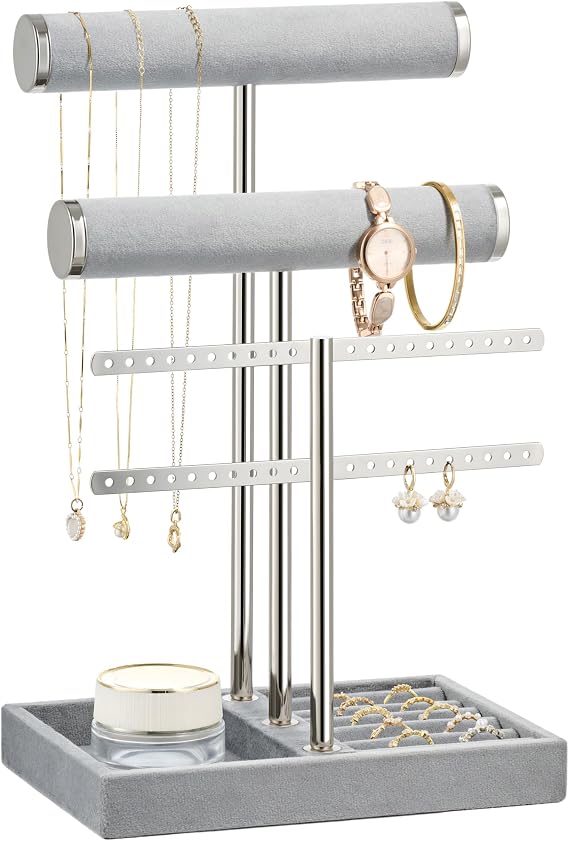 Jewelry Organizer Stand for Necklaces, Bracelets, Earrings, Rings, Grey