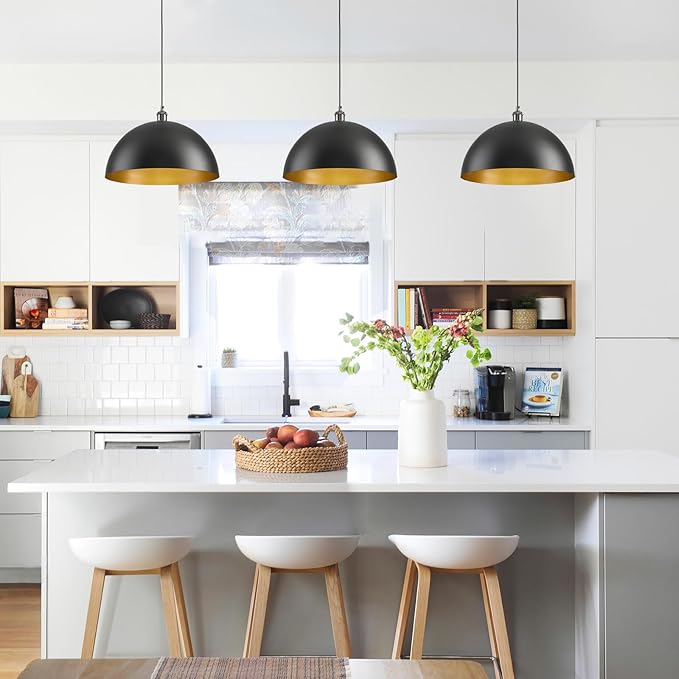 Black Pendant Light for Kitchen Island, 16 Inch Black and Gold Metal Dome Farmhouse Pendant Light Fixtures, Industrial Kitchen Pendant Lights Hanging Ceiling Light for Dining Room Foyer Cafe,2 Pack