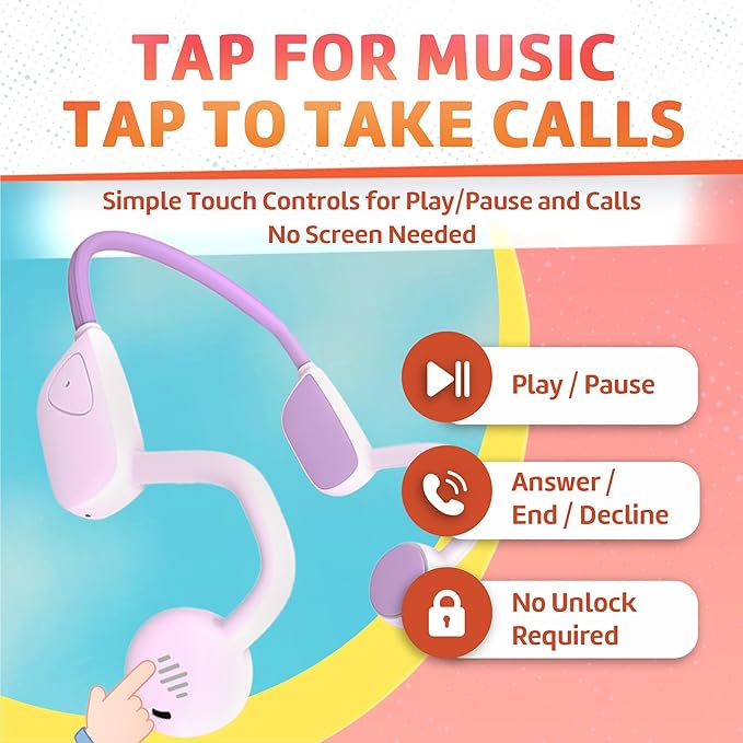 Kids Bluetooth Headphones, Air Conduction Open-Ear Headphones, Mic/Touch, 85dB Limit, Parental Control, Clear Audio, Lightweight, Rugged & Durable, IP54/20H, Earbuds for School/Travel -Purple