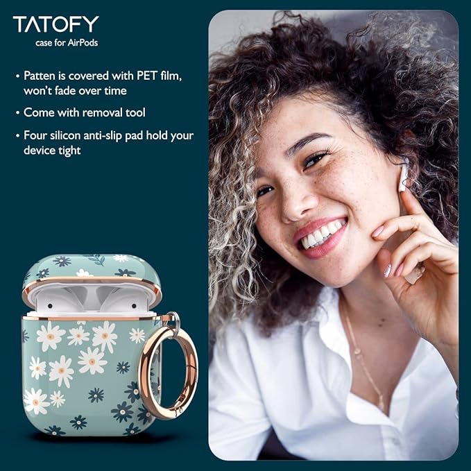 TATOFY Case Cover for AirPods 1&2, Elegant Cute Flower Patterns Protective Hard Case with Clip Keychain