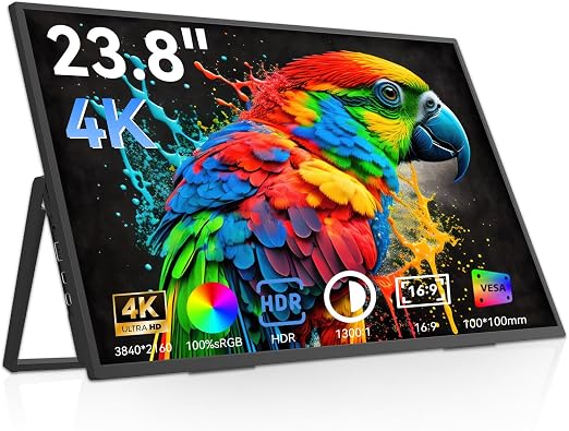 23.8" 4K Portable Monitor,All Metal,3840×2160 UHD Travel Gaming Monitor Large Screen IPS Display with 100% sRGB, Built-in Speakers, VESA Mount, USB-C & HDMI,Compatible with Laptop PC Game Console