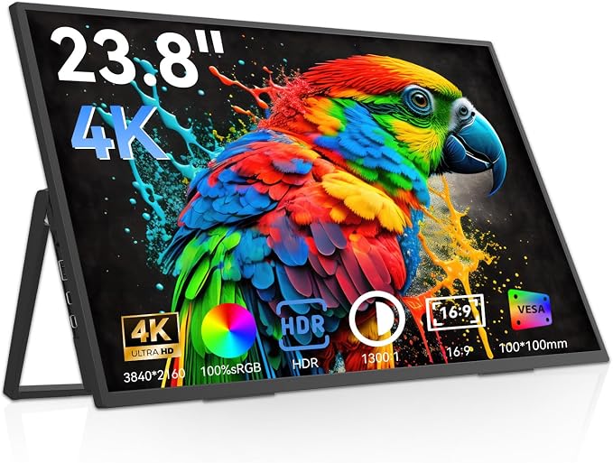 23.8" 4K Portable Monitor,All Metal,3840×2160 UHD Travel Gaming Monitor Large Screen IPS Display with 100% sRGB, Built-in Speakers, VESA Mount, USB-C & HDMI,Compatible with Laptop PC Game Console