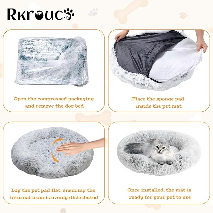Fluffy Dog Bed Calming Donut Beds for Large Dogs Warming Round Small Medium Pet Nest Cozy Cat Mattress Indoor Washable Puppy Kennel Kittens Sleep Mat (L, 35.4×35.4 inch, Light Gray)